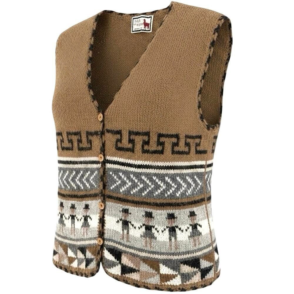 VTG Handmade in Peru Button Up Patterned Alpaca Wool Sweater Vest L Cottagecore